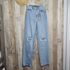 Rebellious Mid Wash Distressed Knee High-rise Extra Long Denim Blue Jeans Size 2